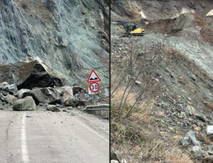 Heyelanda yola düşen kayanın çarptığı araba uçuruma yuvarlandı